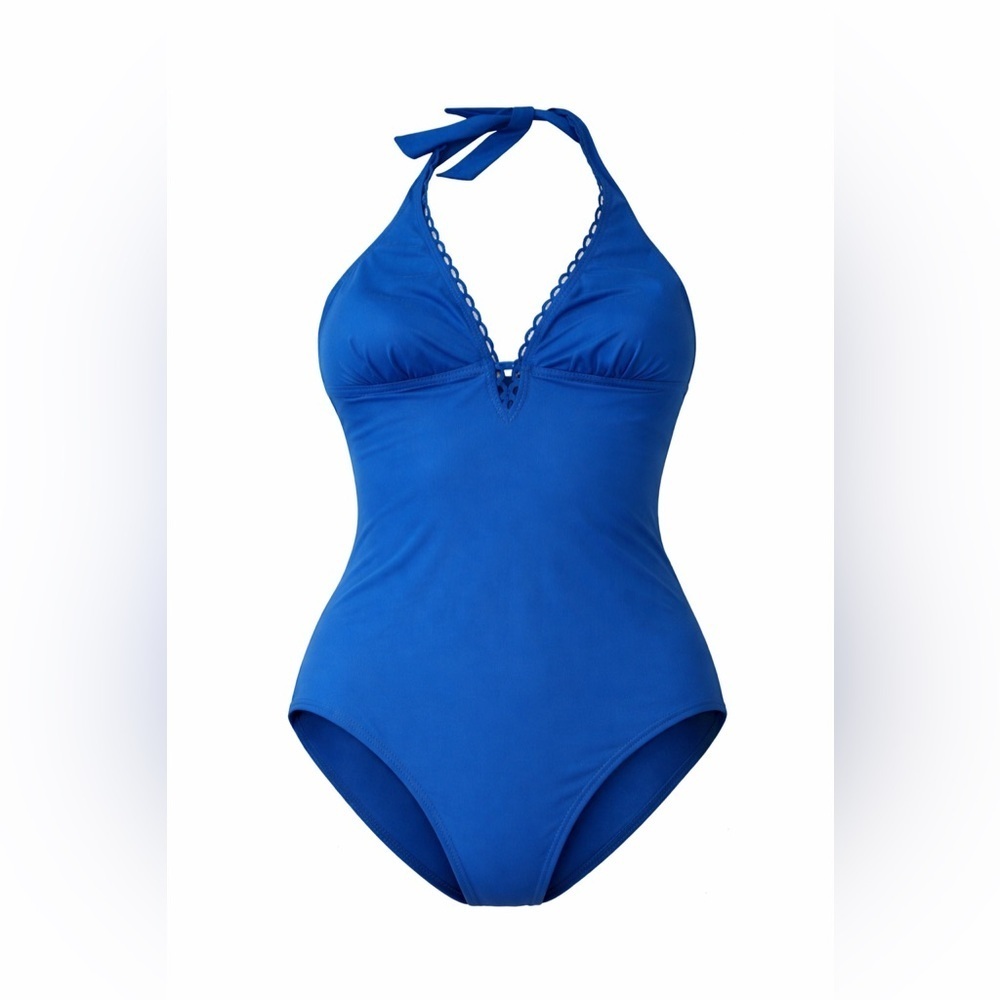 Helen Jon Women's One Piece Swimsuit Blue Halter Scallop Trim Size M Medium
